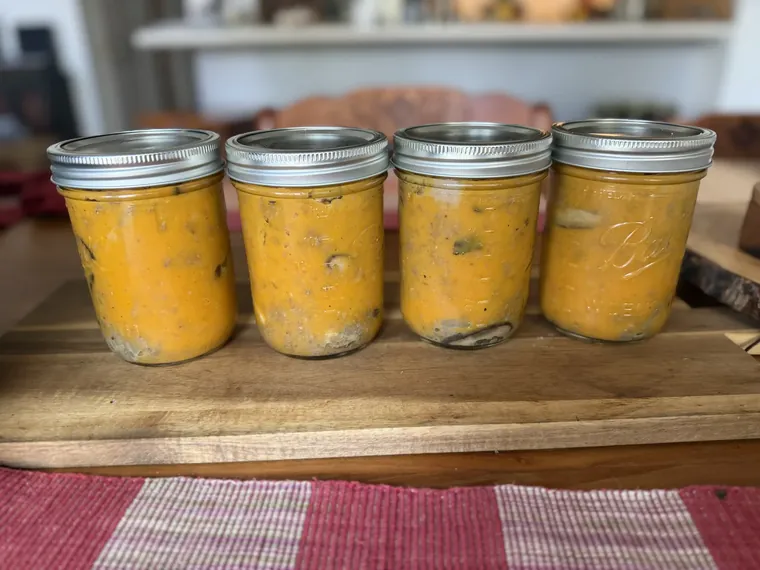 A deep golden butternut squash soup in a ceramic bowl with chunks of ground elk and sautéed shiitake mushrooms on top, dusted with curry powder