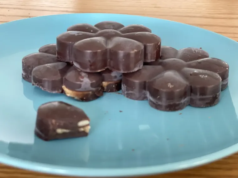 Homemade dark chocolate squares with cocoa nibs and Himalayan salt visible on top, cut to show the tahini-honey filling inside
